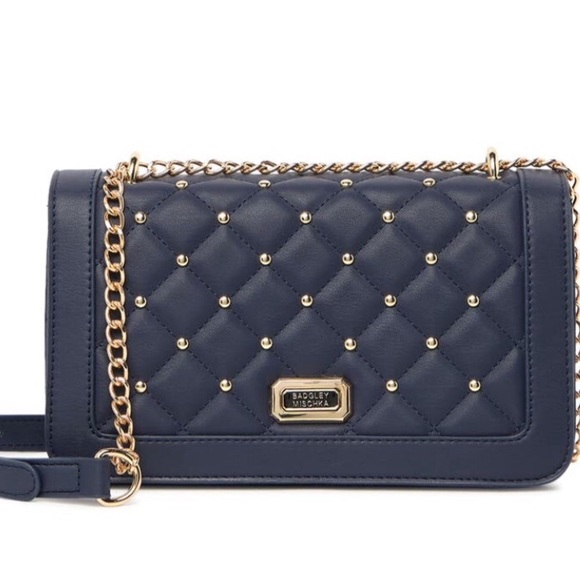 Badgley Mischka black bag cross body chain handle quilted gold studs small bag - Picture 3 of 9